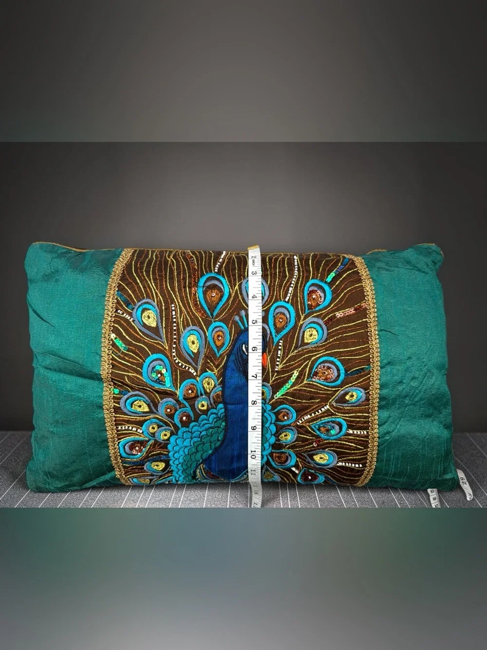 Pier 1 Imports Peacock Embroidered Sequin Lumbar Pillow 12x20 Teal Brown Gold